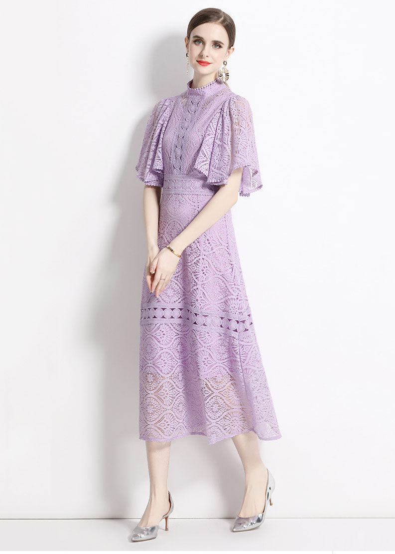 Purple Stand Collar Hollow Out Patchwork Lace Dresses Butterfly Sleeve