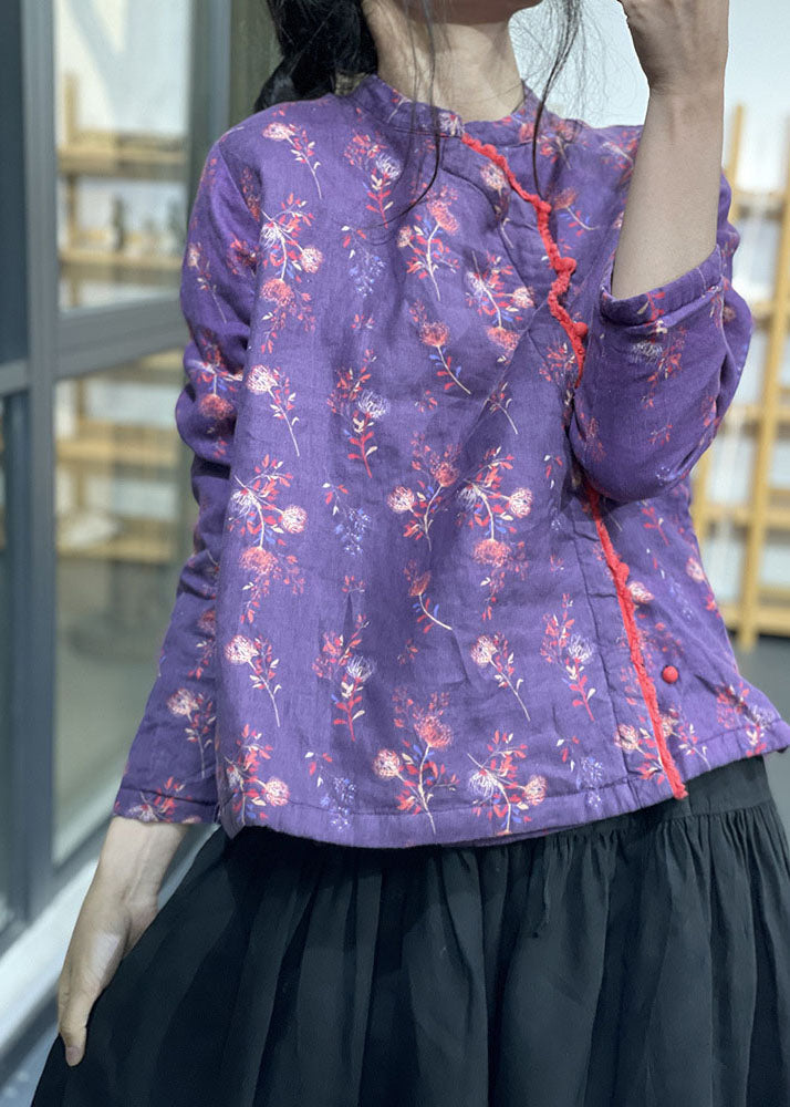 Purple Stand Collar Print Fine Cotton Filled Coats Winter