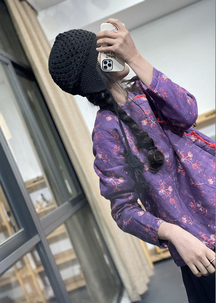 Purple Stand Collar Print Fine Cotton Filled Coats Winter