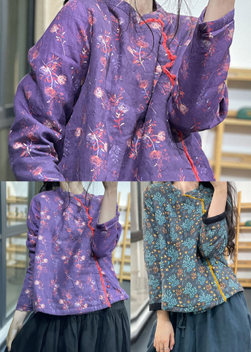 Purple Stand Collar Print Fine Cotton Filled Coats Winter