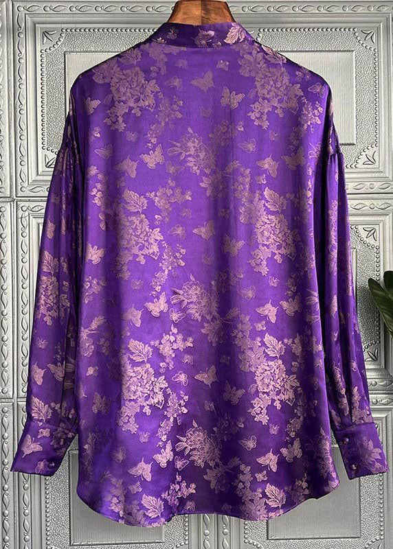 Purple Stand Collar Print Lace Up Silk Shirt Top Spring