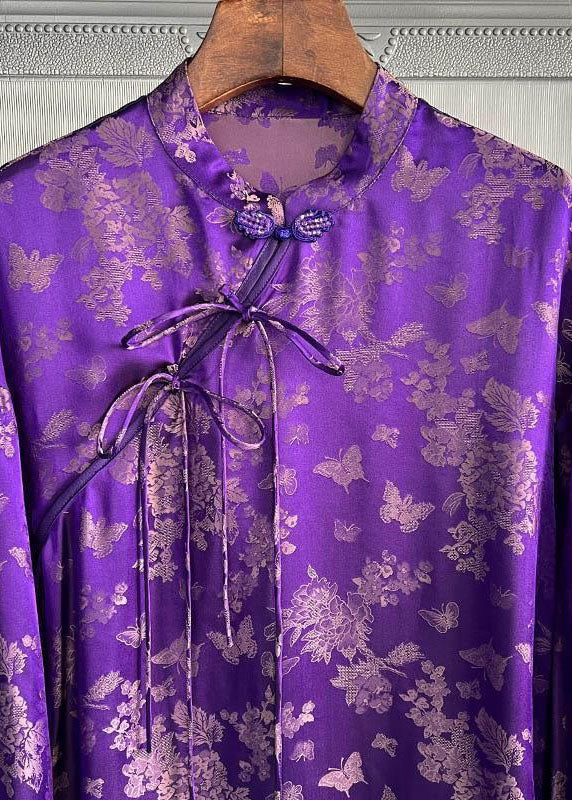Purple Stand Collar Print Lace Up Silk Shirt Top Spring