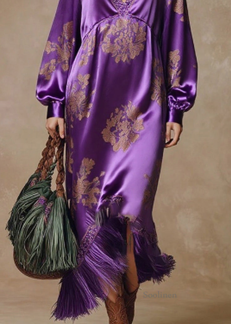 Purple Tasseled Print High Waist Silk Dresses Spring