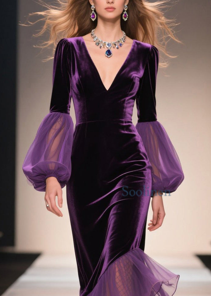 Purple V Neck Asymmetrical Ruffled Patchwork Velvet Dresses Spring