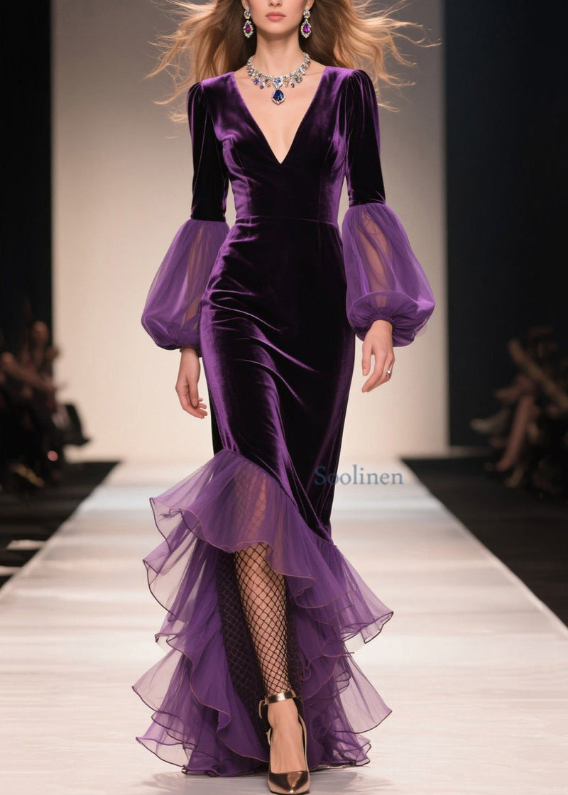 Purple V Neck Asymmetrical Ruffled Patchwork Velvet Dresses Spring