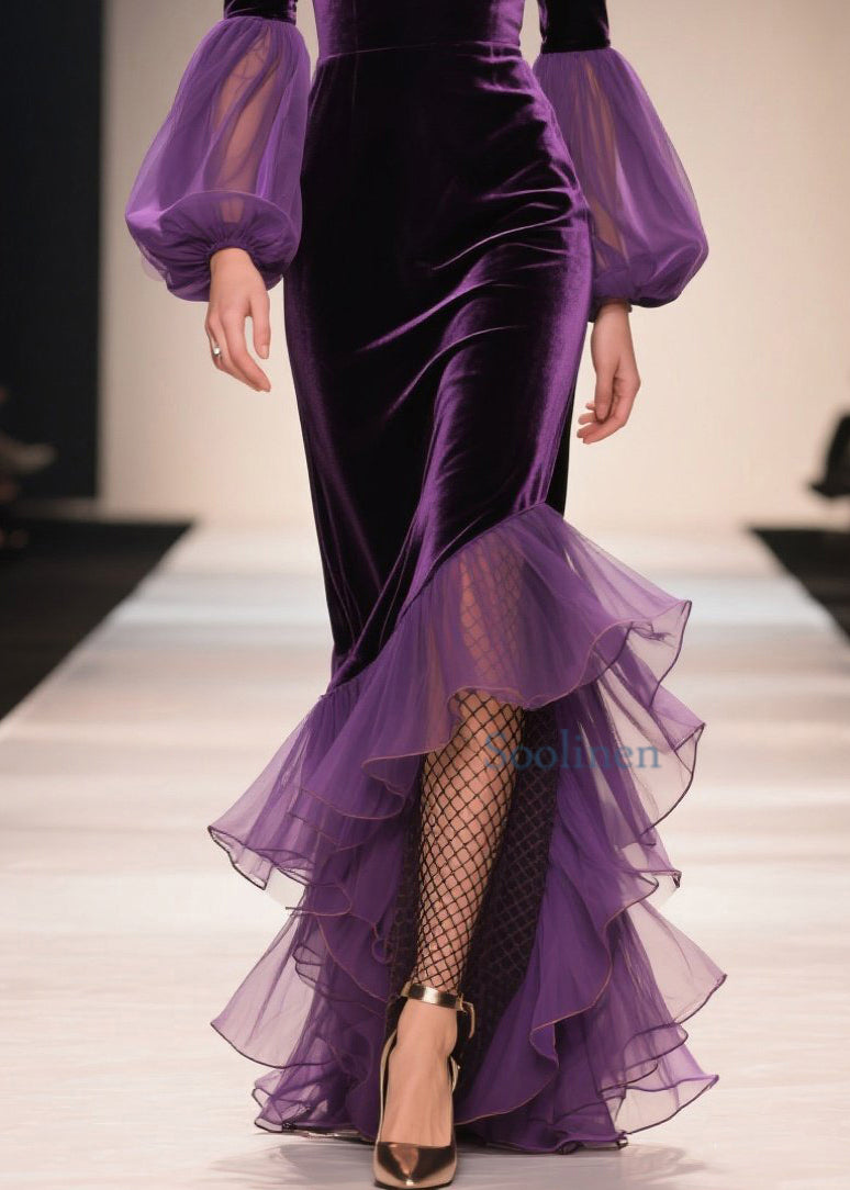 Purple V Neck Asymmetrical Ruffled Patchwork Velvet Dresses Spring