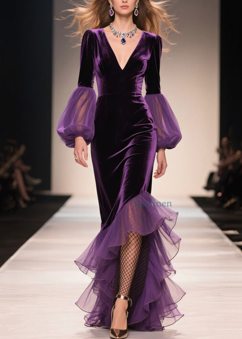 Purple V Neck Asymmetrical Ruffled Patchwork Velvet Dresses Spring