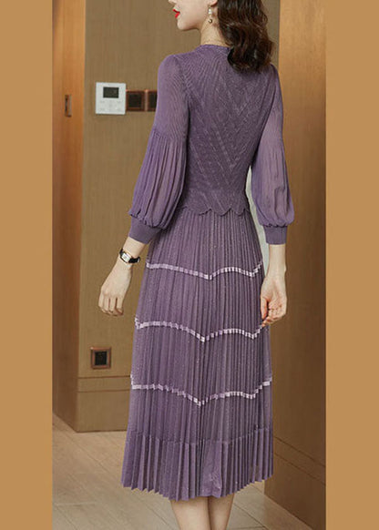 Purple V Neck Patchwork Silk Pleated Dress Long Sleeve