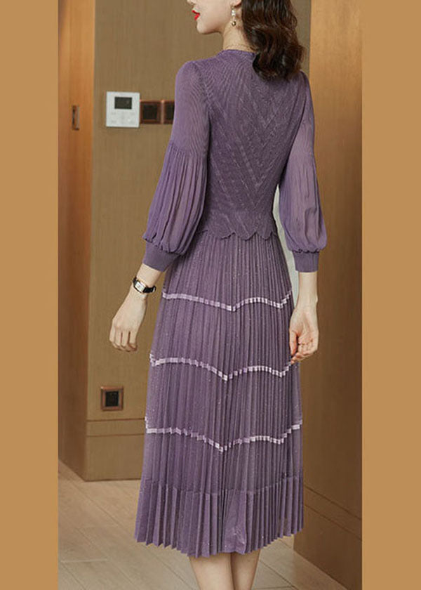 Purple V Neck Patchwork Silk Pleated Dress Long Sleeve