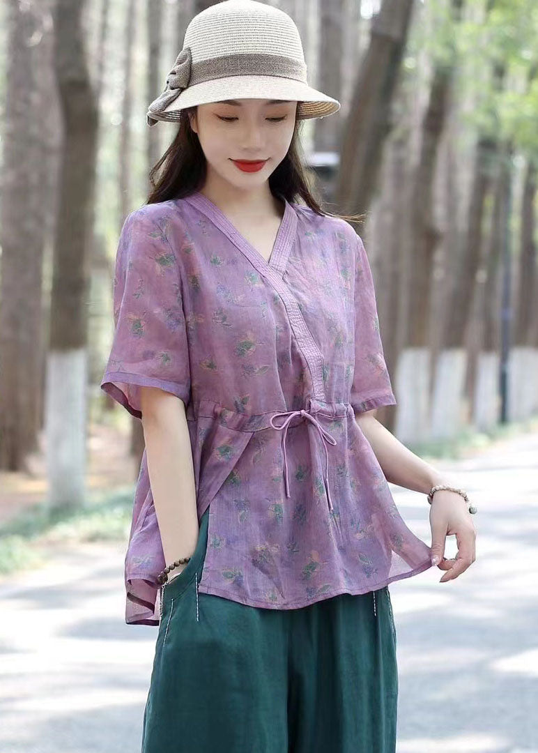 Purple V Neck Print Drawstring Patchwork Linen Shirts Top Summer