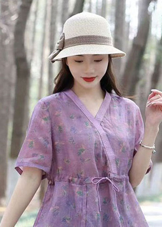 Purple V Neck Print Drawstring Patchwork Linen Shirts Top Summer
