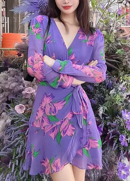 Purple V Neck Print Lace Up Chiffon Mid Dress Long Sleeve