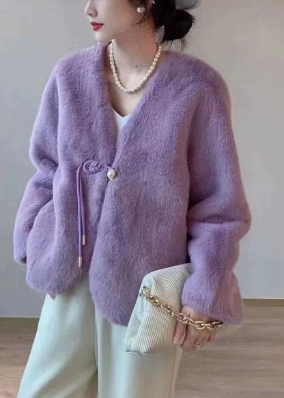 Purple V Neck Tassel Faux Fur Short Jacket Winter