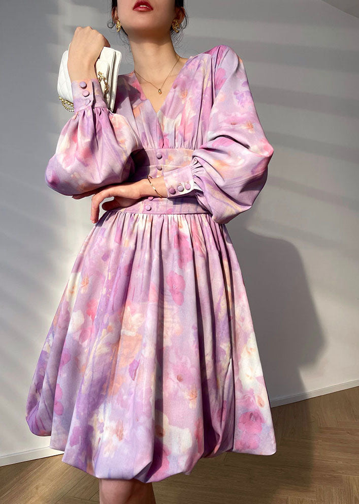 Purple V Neck Tie Dye Button Chiffon Cinch Dress Lantern Sleeve