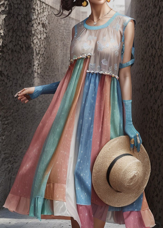 Rainbow Ruffled Patchwork Silk Long Dresses Summer
