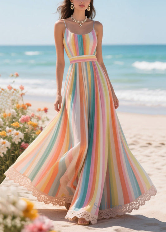 Rainbow Striped Exra Large Hem Chiffon Beach Dress Summer