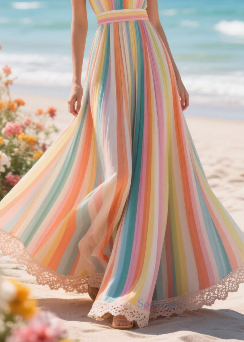 Rainbow Striped Exra Large Hem Chiffon Beach Dress Summer