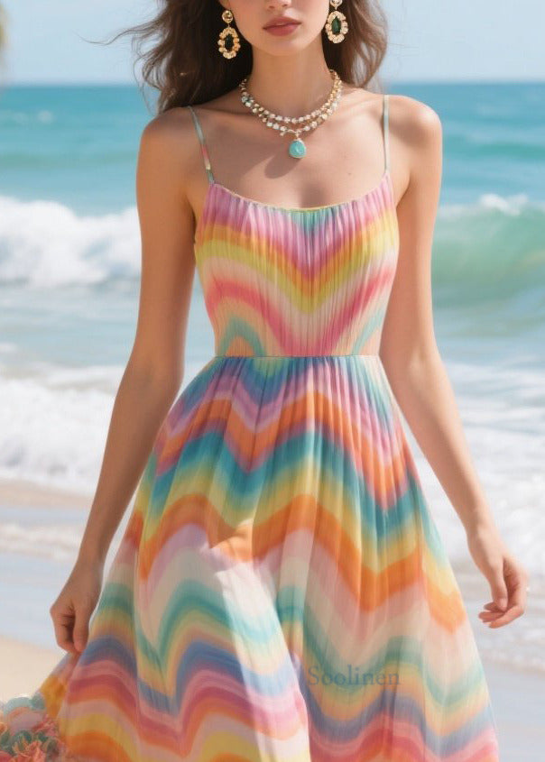Rainbow Striped Three-dimensional Flower Chiffon Long Dress Summer