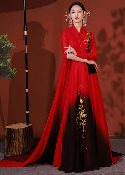 Red Asymmetrical Embroidered Patchwork Chiffon Long Dress Fall