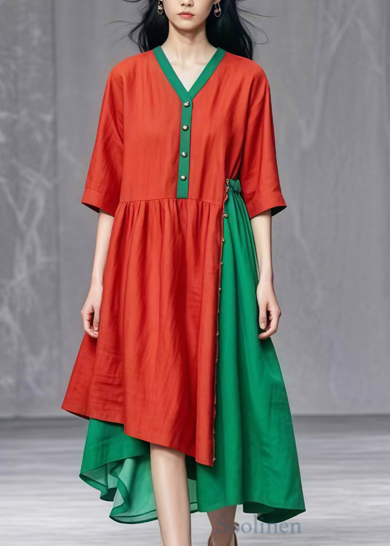 Red Asymmetrical Patchwork Cotton Dresses Summer