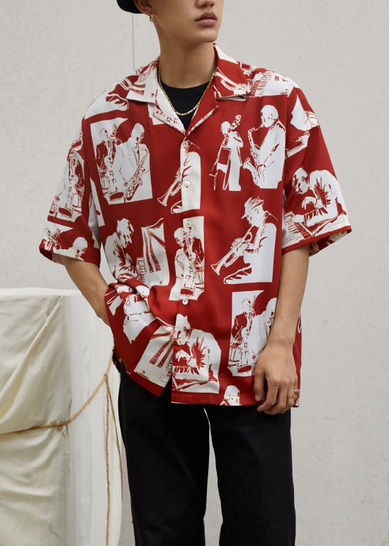 Red Button Print Cotton Shirts Summer