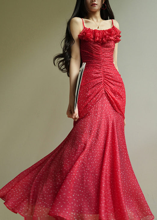 Red Dot Wrinkled Chiffon Spaghetti Strap Dress Sleeveless