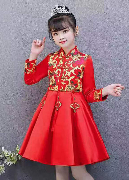 Red Embroideried Tassel Button Kids Mid Dresses Fall