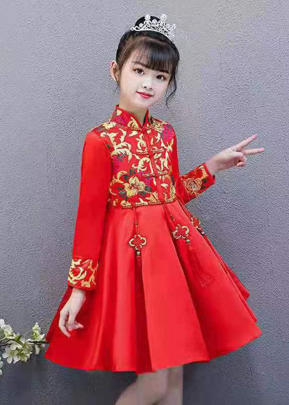Red Embroideried Tassel Button Kids Mid Dresses Fall