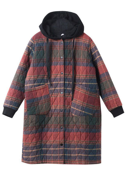 Red Hooded Plaid Drawstring Cotton Parkas Winter