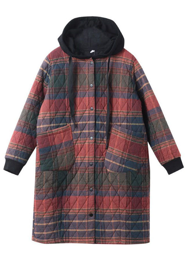 Red Hooded Plaid Drawstring Cotton Parkas Winter