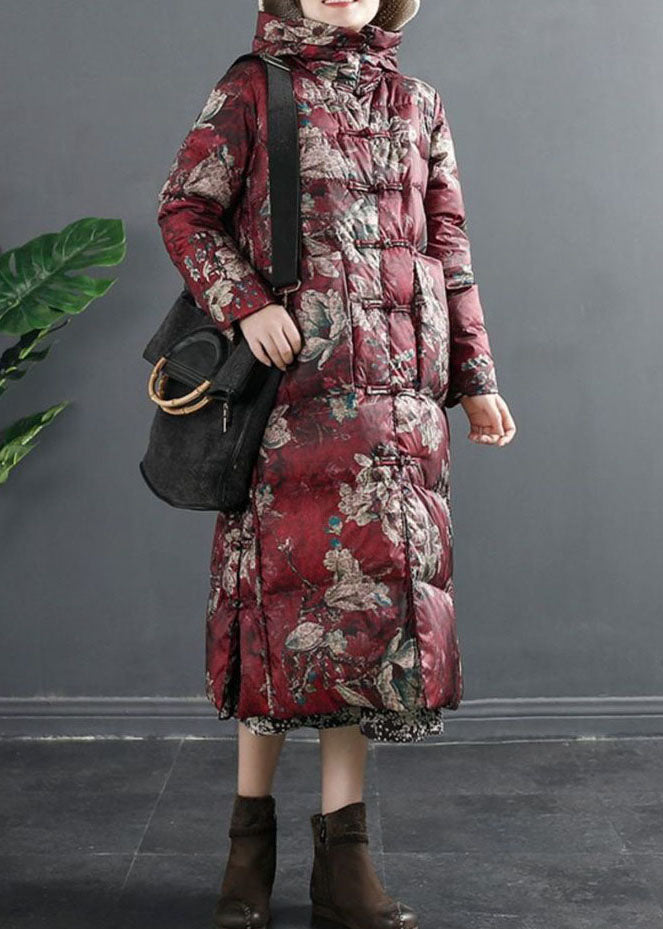 Red Hooded Print Duck Down Winter Down Coat