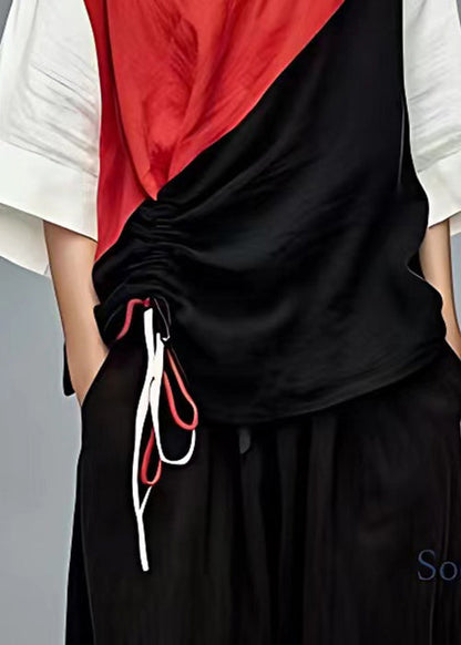 Red Lace Up Patchwork Cotton T Shirt Bracelet Sleeve