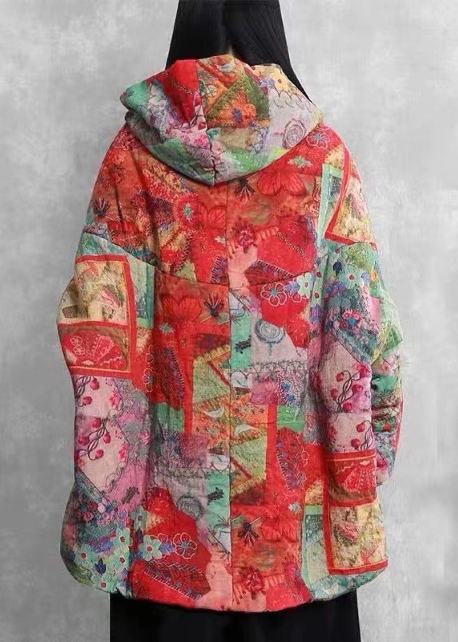 Red Loose Hooded Pockets Winter Cotton Puffer Jacket