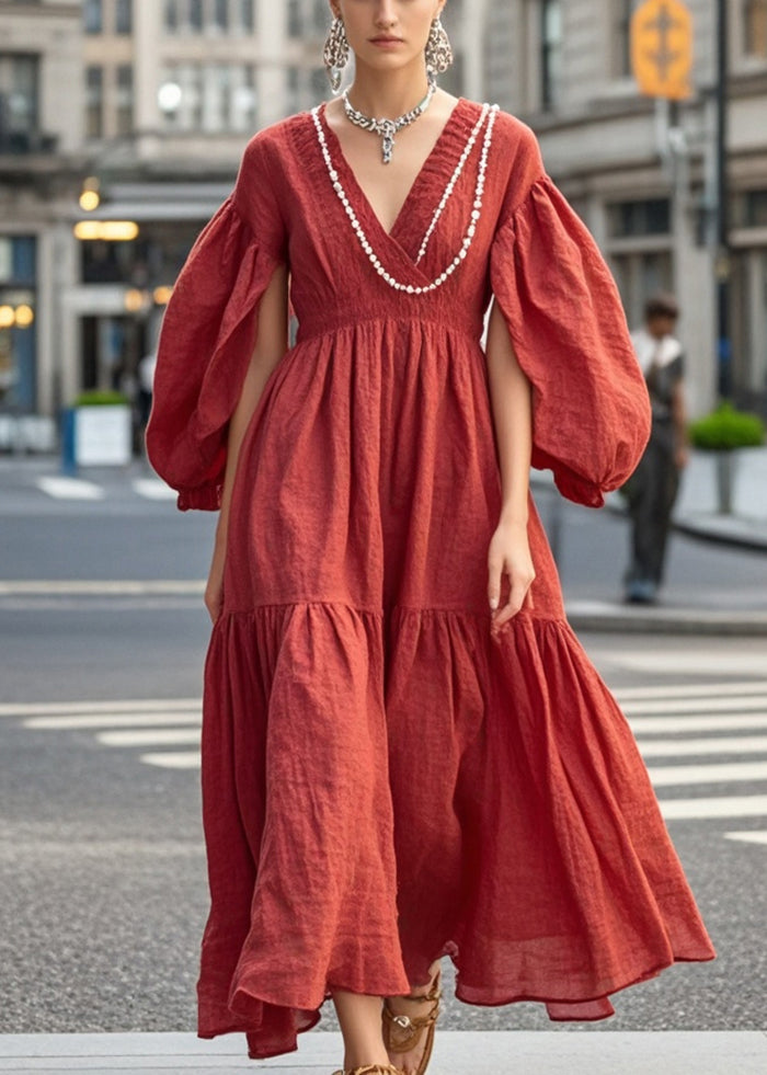 Red Nail Bead Exra Large Hem Cotton Dress Spring