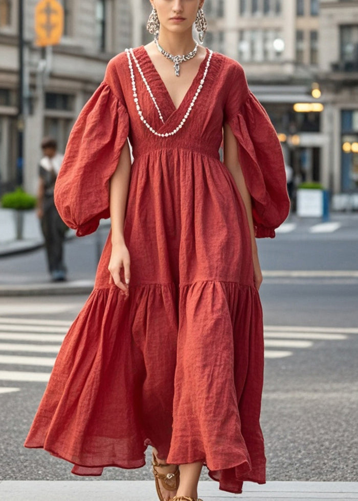 Red Nail Bead Exra Large Hem Cotton Dress Spring