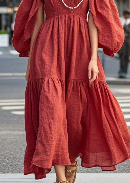 Red Nail Bead Exra Large Hem Cotton Dress Spring