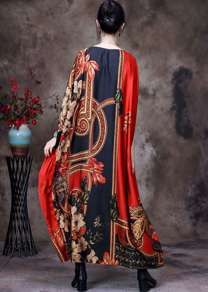 Red O-neck Oversized Print Silk Long Dress Short Sleeve