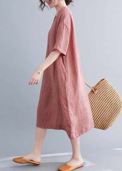 Red Oversized Plaid Linen a Line Dresses Summer