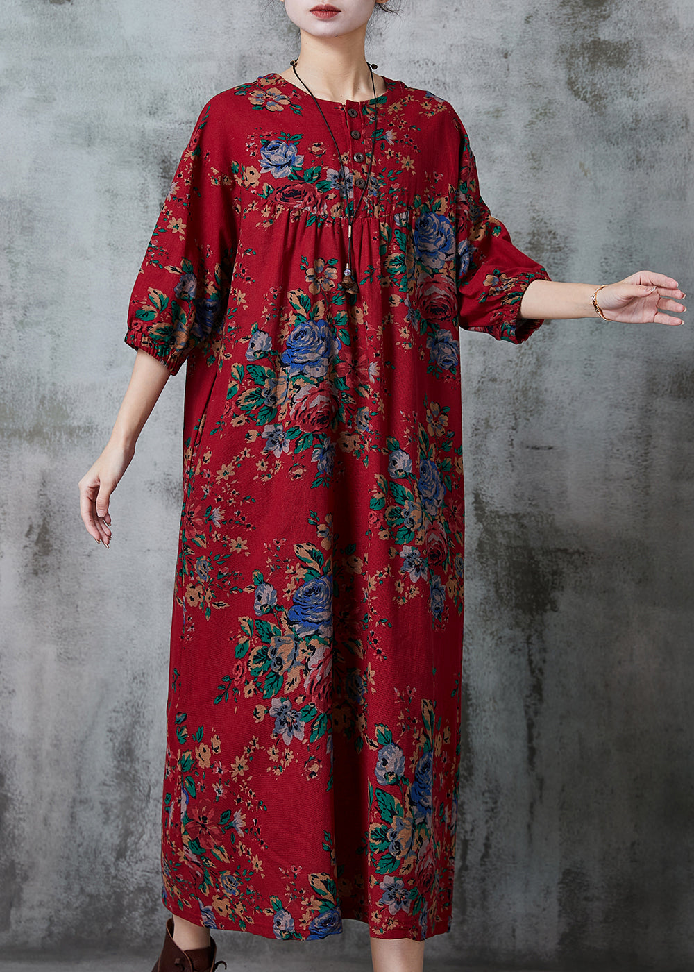 Red Oversized Print Cotton Long Dress Summer