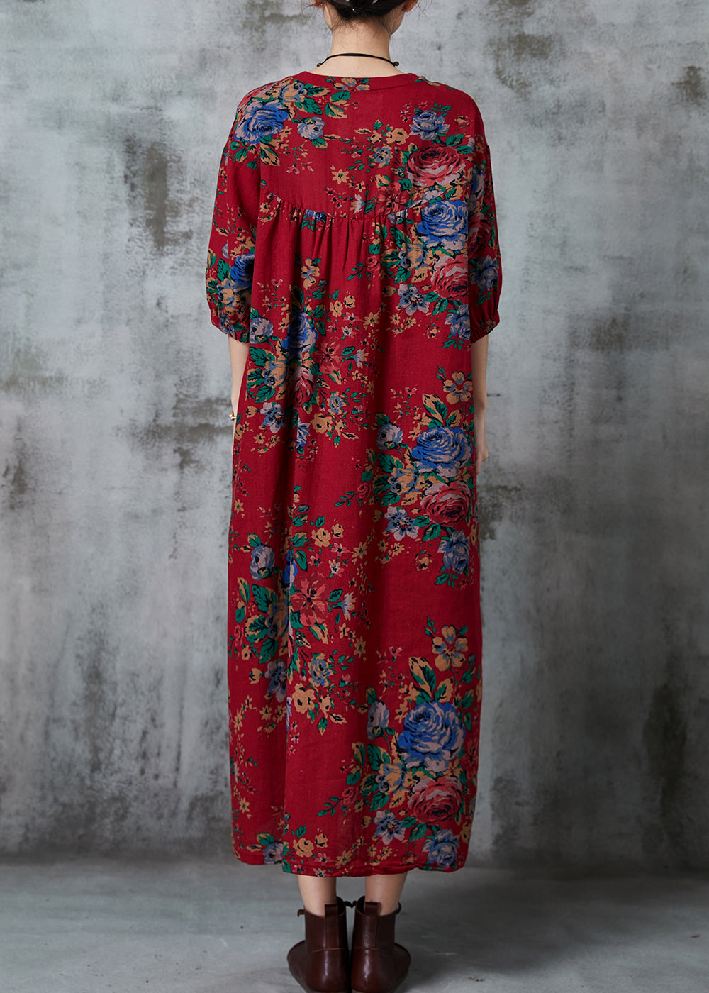 Red Oversized Print Cotton Long Dress Summer