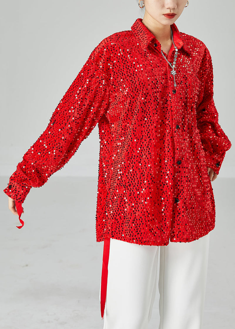 Red Oversized Sequins Silk Velour Shirt Tops Spring
