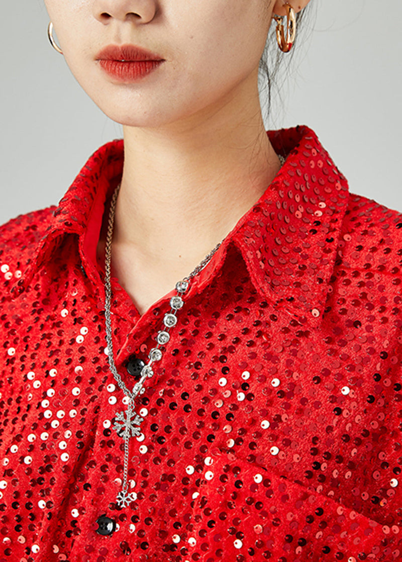 Red Oversized Sequins Silk Velour Shirt Tops Spring