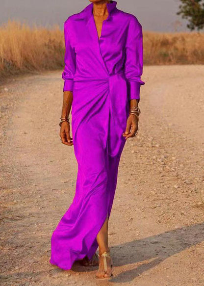 Red Peter Pan Collar Tie Waist Silk Long Dress Spring
