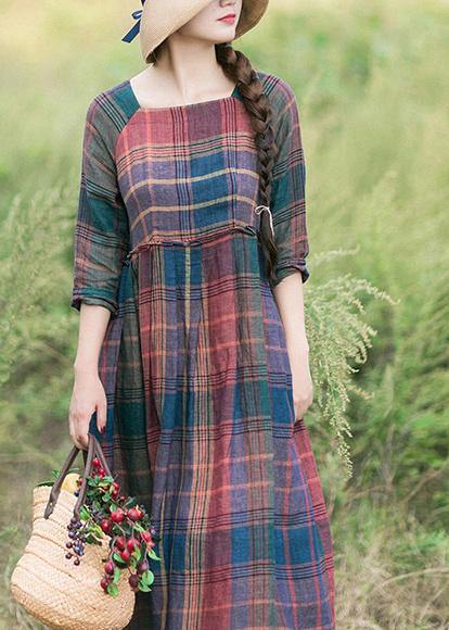 Red Plaid Clothes for Wrinkled Robe Spring Dress