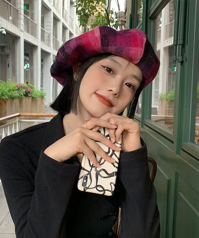 Red Plaid Versatile Woolen Beret Hat
