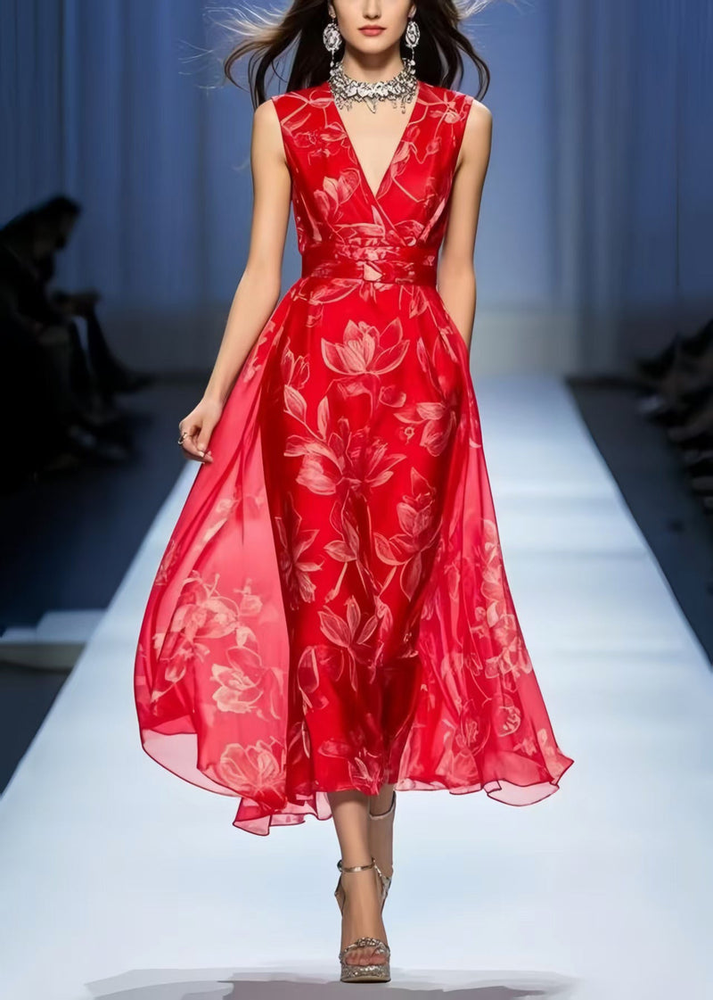 Red Print Draping Chiffon Vacation Dresses Sleeveless