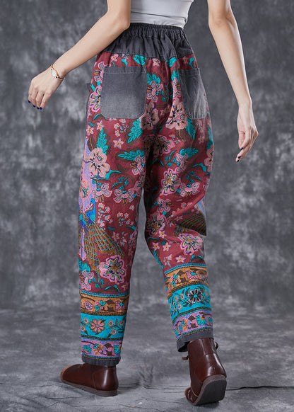 Red Print Elastic Waist Patchwork Pockets Cotton Harem Pants Fall