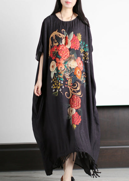 Red Print O-neck Tassel Silk Holiday Dress Short Sleeve