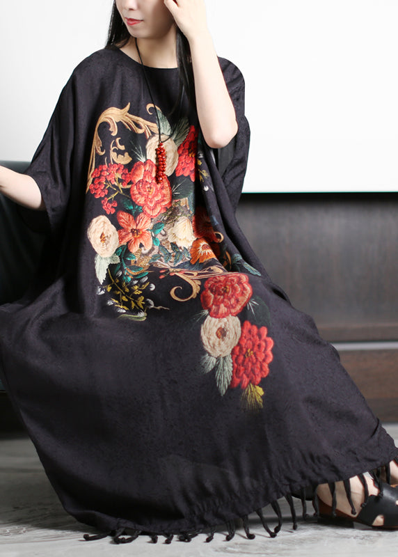 Red Print O-neck Tassel Silk Holiday Dress Short Sleeve