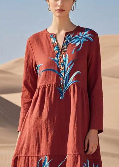 Red Print Patchwork Ruffles Cotton Dresses Spring